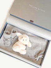 Load image into Gallery viewer, Cashmere Baby Blanket, Booties and Bonnet with Arlo Toy Rattle